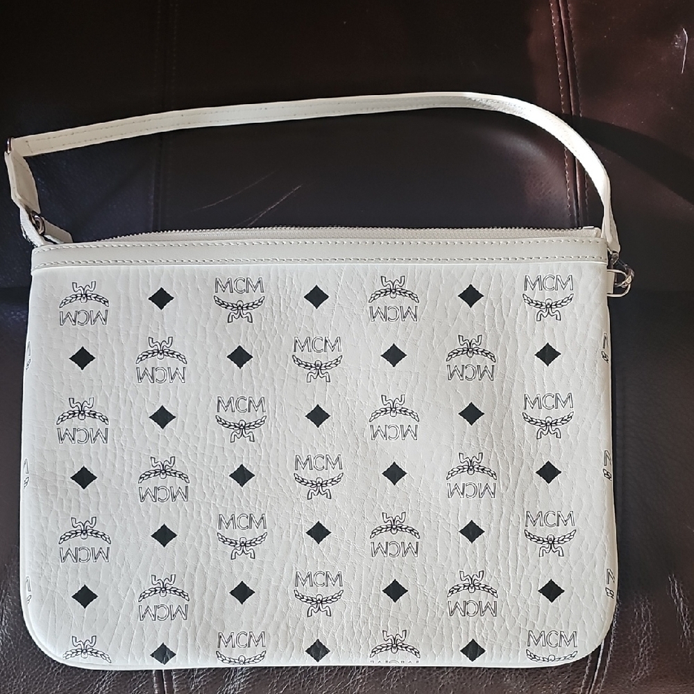 MCM White Clutch with Black Logo Pattern